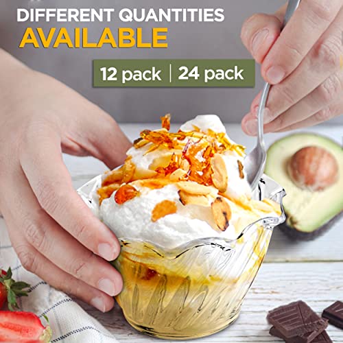 [24 Pack] Plastic Dessert Cups 5 oz - Clear Mini Ice Cream Sundae Tasting Bowls, Individual Swirl Tulip Shape Dish Holder, Salad Appetizer Chocolate Candy Serving in Party Buffet, Commercial Home Use