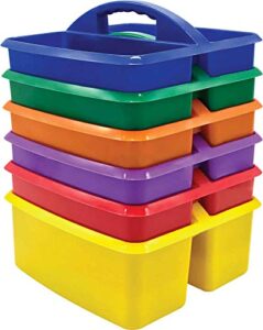 assorted primary colors portable plastic storage caddy 6-pack for classrooms, kids room, and office organization, (blue, green, orange, purple, red and yellow) 3 compartment