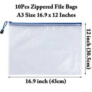 AUSTARK 10Pcs Zipper File Bags Plastic Mesh Zipper Pouch Waterproof Document Bags Board Games Storage Bags for Office School Home Travel, Back to School Supplies (A3 Size 16.9''x12'', White)