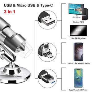 USB Microscope Camera 40X to 1000X, Cainda Digital Microscope with Metal Stand & Carrying Case, Compatible with Android Windows Linux Mac, Portable Microscope Camera for Kids Students Adults (Gray)