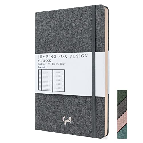 Jumping Fox Design Linen Fabric Premium A5 Dot Grid Hardcover Notebook Journal, Medium 5.6 x 8.4 inches, 120gsm Thick Paper, Numbered Pages, Inner Pocket, Tweed Gray