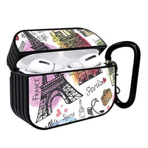 shockproof portable protective hard printing pattern cover case with carabiner compatible with airpods pro / paris symbol pattern with eiffel tower