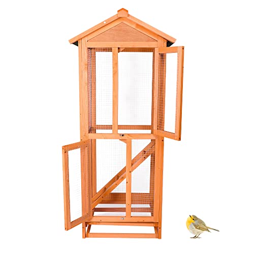 LONABR Wooden Aviary House Bird Cage Large Vertical Play House with Waterproof Roof Perches Ladder and Removable Trays for Outdoor Indoor