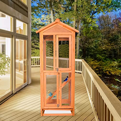 LONABR Wooden Aviary House Bird Cage Large Vertical Play House with Waterproof Roof Perches Ladder and Removable Trays for Outdoor Indoor