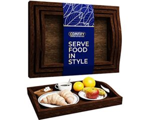 farmhouse wood serving trays set of 3 - stained wood brown | stylish and functional platters for exquisite food presentation | rustic and durable kitchen accessories