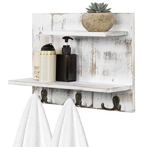 MyGift Shabby Whitewashed Wood Wall Mounted Storage Organizer Shelf with 6 Hooks