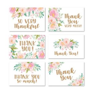 24 pink blush floral thank you cards with envelopes, great note for adult funeral sympathy or gift gratitude supplies for grad, birthday, baby or bridal wedding shower boy or girl watercolor flower