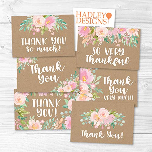 24 Rustic Kraft Floral Thank You Cards With Envelopes, Great Note For Adult Funeral Sympathy or Gift Gratitude Supplies For Grad, Birthday, Baby or Vintage Flower Bridal Wedding Shower For Boy or Girl