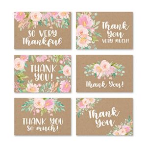 24 rustic kraft floral thank you cards with envelopes, great note for adult funeral sympathy or gift gratitude supplies for grad, birthday, baby or vintage flower bridal wedding shower for boy or girl
