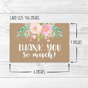 24 Rustic Kraft Floral Thank You Cards With Envelopes, Great Note For Adult Funeral Sympathy or Gift Gratitude Supplies For Grad, Birthday, Baby or Vintage Flower Bridal Wedding Shower For Boy or Girl