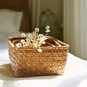 QuyWin Portable Storage Supplies Home Dedicated Storage Handmade Straw Dried Flower Fruit Pot Basket Rattan Box Candy Earphone Organizer for Home Coffee Big