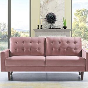 Container Furniture Direct Celestina Mid Century Modern Velvet Upholstered Living Room Sofa, 74.8", Rose