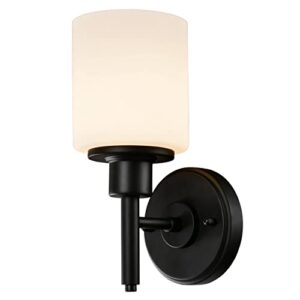 design house 588210 aubrey transitional 1-light indoor wall light dimmable frosted glass for hallway foyer bathroom, matte black