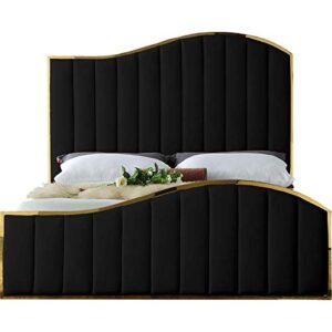 meridian furniture jolie collection modern | contemporary velvet upholstered bed with channel tufting, and polished gold metal frame, black, king