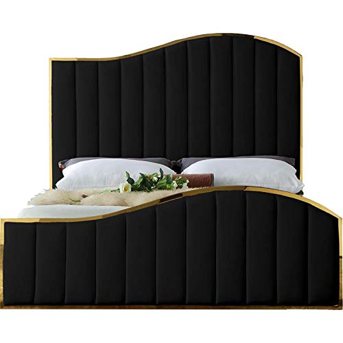 Meridian Furniture Jolie Collection Modern | Contemporary Velvet Upholstered Bed With Channel Tufting, And Polished Gold Metal Frame, Black, King