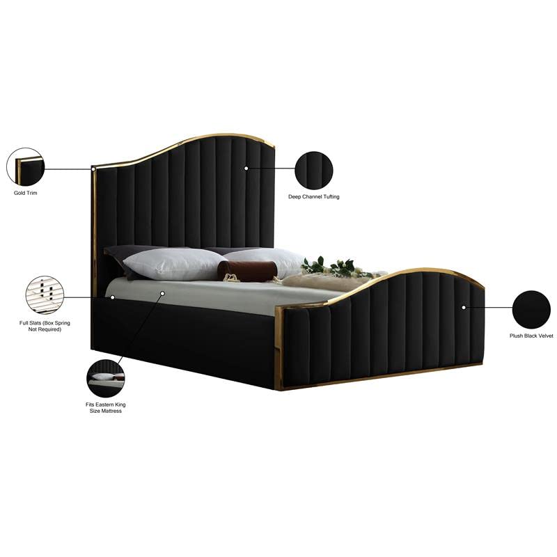 Meridian Furniture Jolie Collection Modern | Contemporary Velvet Upholstered Bed With Channel Tufting, And Polished Gold Metal Frame, Black, King
