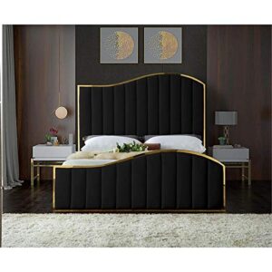 Meridian Furniture Jolie Collection Modern | Contemporary Velvet Upholstered Bed With Channel Tufting, And Polished Gold Metal Frame, Black, King