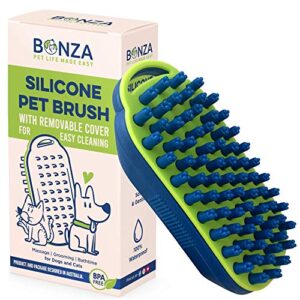 bonza dog and cat massage brush, dog bath brush with removable screen, soft silicone bristles for gentle grooming for pet, curry comb for washing, brushing for short, medium and long haired pets