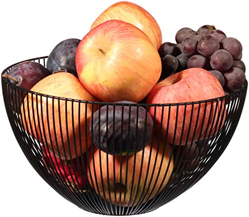 Cq acrylic Metal Wire Fruit Basket,Large Round Storage Baskets for Bread,Metal Wire Bread Fruit Bowl Vegetable Stand Holder for Snacks,Modern Fruit Bowl Decorate Kitchen Counter,Black