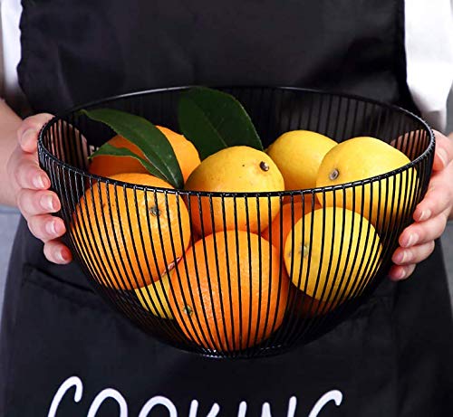 Cq acrylic Metal Wire Fruit Basket,Large Round Storage Baskets for Bread,Metal Wire Bread Fruit Bowl Vegetable Stand Holder for Snacks,Modern Fruit Bowl Decorate Kitchen Counter,Black