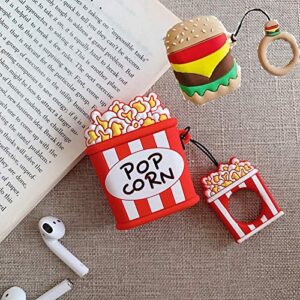 for airpods case, cute 3d airpods 1&2 gen cover with finger strap silicone rechargeable headphone case for apple airpods 1st/2nd, shockproof, anti-fall and dustproof protective (popcorn and hamburger)