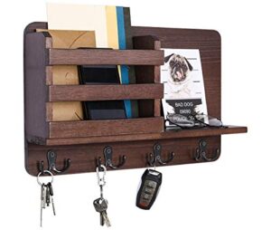 pag hanging mail organizer entryway wood floating shelf accessories storage holder rack with 4 double hooks, brown
