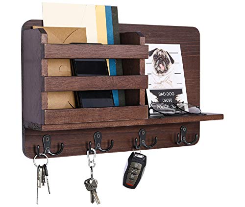 PAG Hanging Mail Organizer Entryway Wood Floating Shelf Accessories Storage Holder Rack with 4 Double Hooks, Brown