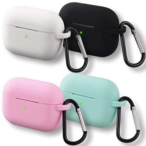 homedge silicone protective case for airpods pro, 4 packs seamless fit protective cover [front led visible] with d shape clip compatible with apple airpods pro – black, white, pink and mint green