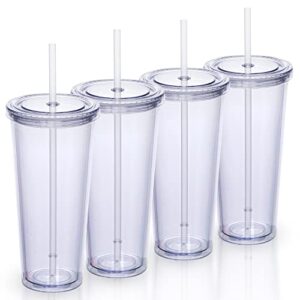 zephyr canyon 24oz double wall plastic tumblers with lids and straws | large classic travel tumbler | 4 pack set of 4 | clear reusable cups with straws | bpa free