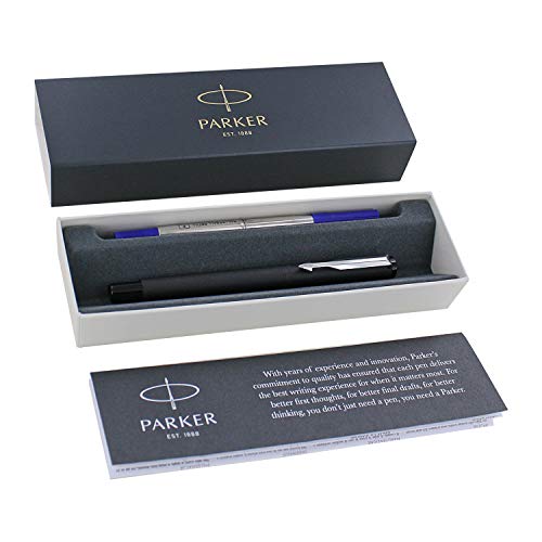 Parker Vector Rollerball Pen, Matte Black with Chrome Trim, Fine Point, Blue Ink, Gift Box