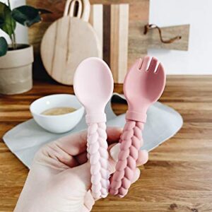 Itzy Ritzy Silicone Spoon & Fork Set; Baby Utensil Set Features A Fork and Spoon with Looped, Braided Handles; Made of 100% Food Grade Silicone & BPA-Free; Ages 6 Months and Up, Pink