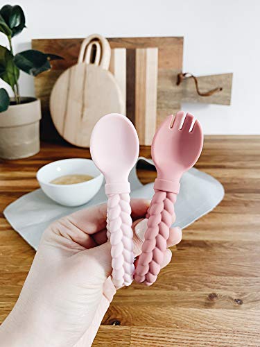 Itzy Ritzy Silicone Spoon & Fork Set; Baby Utensil Set Features A Fork and Spoon with Looped, Braided Handles; Made of 100% Food Grade Silicone & BPA-Free; Ages 6 Months and Up, Pink