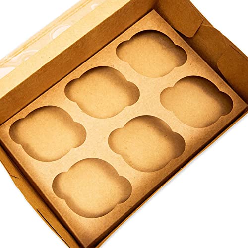 50-Pack 6 Count Cupcake Boxes With Window for Pastries, Desserts, Muffins, Cookies, Disposable Kraft Paper Containers for Birthday Party, Wedding (3.7 x 4.2 x 3.7 Inches)