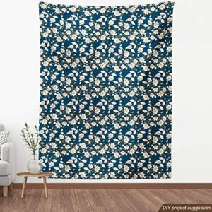 Lunarable Floral Fabric by The Yard, Magnolia Blossoms Dignity Nobility Tradition Royal Themed Vintage Flower Scene, Decorative Fabric for Upholstery and Home Accents, 1 Yard, Blue Yellow
