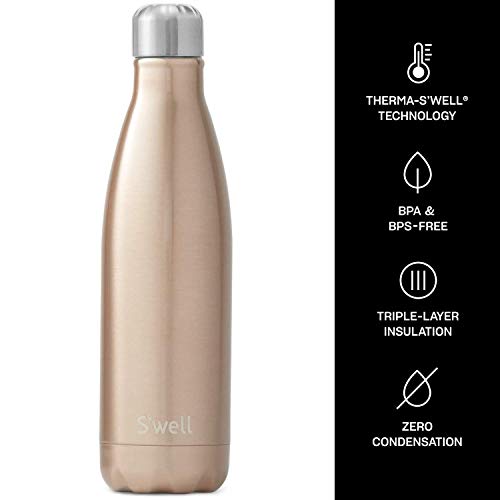 S'well Triple-Layered Vacuum-Insulated Containers Keeps Stainless Steel Water Bottle, 17 fl oz, Pyrite