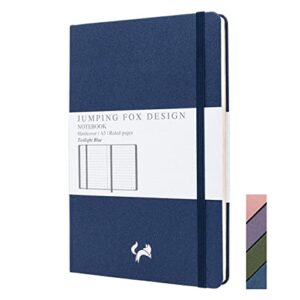jumping fox design premium a5 lined journal hardcover notebook, medium 5.6 x 8.4 inches, 100gsm quality paper, numbered pages, inner pocket, unique leatherette, twilight blue