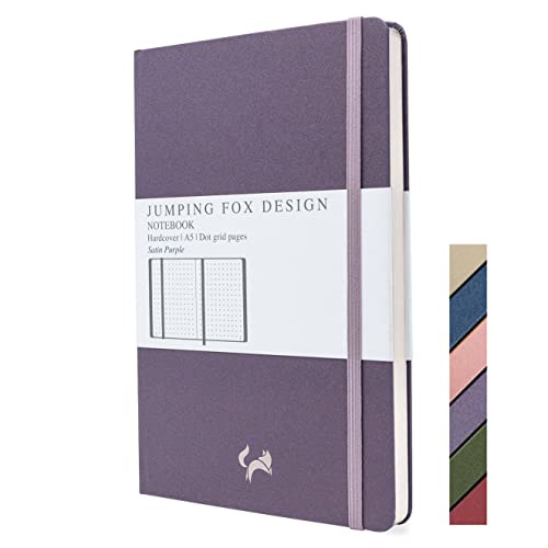 Jumping Fox Design Premium A5 Dotted Journal Hardcover Notebook, Medium 5.6 x 8.4 inches, 120gsm Thick Paper, Numbered Pages, Inner Pocket, Unique Leatherette, Satin Purple