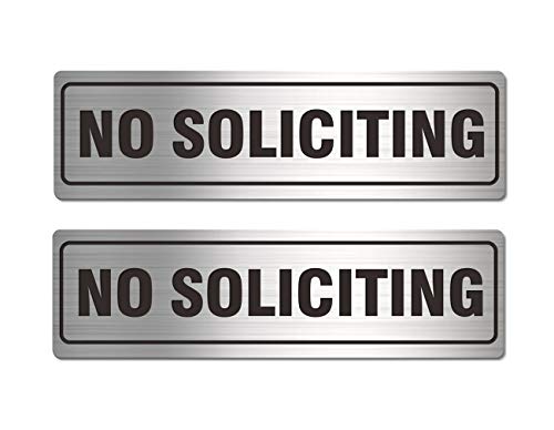 Self-Adhesive No Soliciting Sign Metal for House Business Office Doors, 2 Pack Silver Color Aluminun 7 x 2 inches, Unique Small Design Durable UV and Weather Resistant, Easy Installation