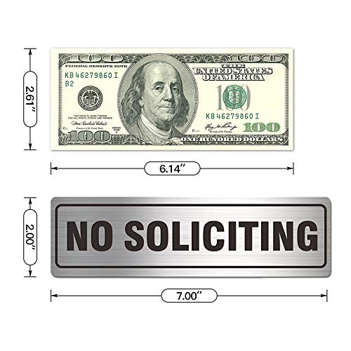 Self-Adhesive No Soliciting Sign Metal for House Business Office Doors, 2 Pack Silver Color Aluminun 7 x 2 inches, Unique Small Design Durable UV and Weather Resistant, Easy Installation