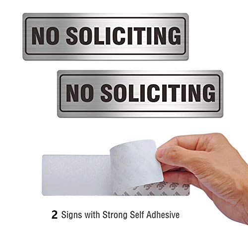 Self-Adhesive No Soliciting Sign Metal for House Business Office Doors, 2 Pack Silver Color Aluminun 7 x 2 inches, Unique Small Design Durable UV and Weather Resistant, Easy Installation