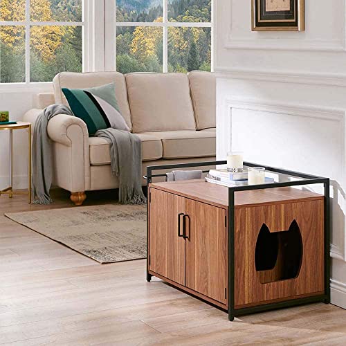 unipaws Cat Litter Box Enclosure with Metal Frame, Privacy Cat Washroom Bench, Litter Box Hidden, Pet Crate with Iron and Wood Sturdy Structure, Cat House Nightstand