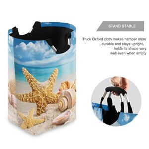 Starfish Seashells Large Laundry Basket Summer Beach Blue Sea Collapsible Laundry Hamper with Handles Waterproof Durable Clothes Washing Bin Dirty Baskets Storage for Home College Dorm Bathroom 50L