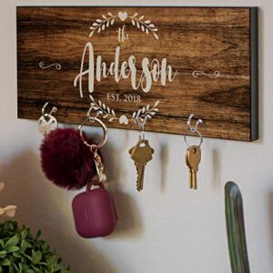 Key Hangers for Wall, Personalized Text Option w/Elegant 12 Design, 3 Wood Options, House Warming Present for New Home, Mr Mrs Wedding Gift for Couple, Custom Key Ring Holder for Wall - Key Rack