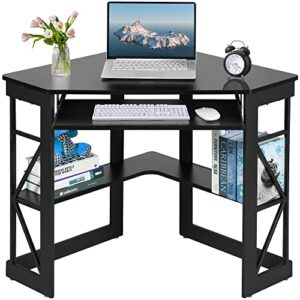 vecelo corner computer desk 41 x 30 inches with smooth keyboard & storage shelves for home office workstation, black