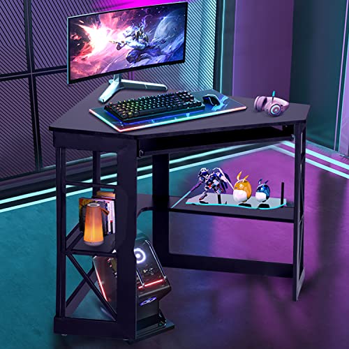 VECELO Corner Computer Desk 41 x 30 inches with Smooth Keyboard & Storage Shelves for Home Office Workstation, Black