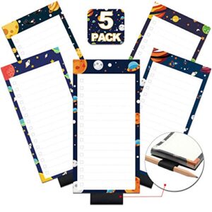 5 pack magnetic notepads with pen holder for fridge, full magnet back notepad, to do list, grocery shopping, space theme, 6 x 3 inches, 50 sheets, magnet memo pad for fridge, locker, file cabinet, etc