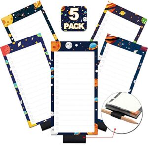 5 Pack Magnetic Notepads with Pen Holder for Fridge, Full Magnet Back Notepad, To Do List, Grocery Shopping, Space Theme, 6 x 3 Inches, 50 Sheets, Magnet Memo Pad for Fridge, Locker, File Cabinet, etc