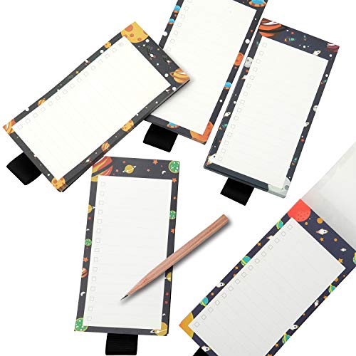 5 Pack Magnetic Notepads with Pen Holder for Fridge, Full Magnet Back Notepad, To Do List, Grocery Shopping, Space Theme, 6 x 3 Inches, 50 Sheets, Magnet Memo Pad for Fridge, Locker, File Cabinet, etc