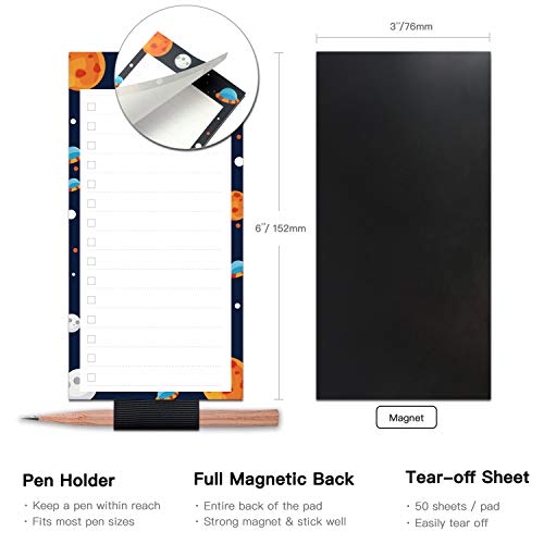 5 Pack Magnetic Notepads with Pen Holder for Fridge, Full Magnet Back Notepad, To Do List, Grocery Shopping, Space Theme, 6 x 3 Inches, 50 Sheets, Magnet Memo Pad for Fridge, Locker, File Cabinet, etc