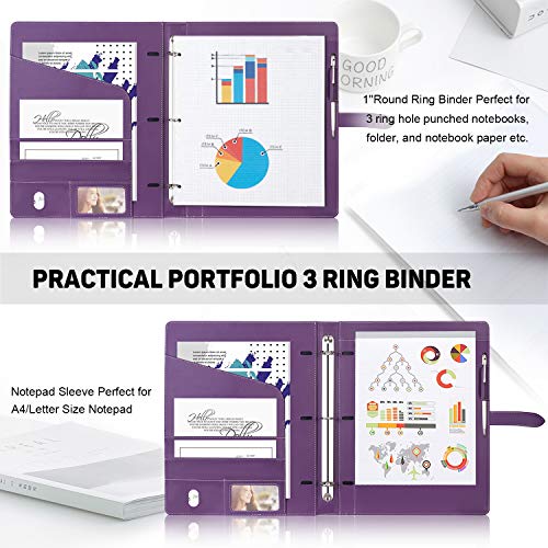 Toplive Padfolio 3 Ring Binder (1'' Round Ring) Business Portfolio Folder for Interview, Conference and Presentation, Purple